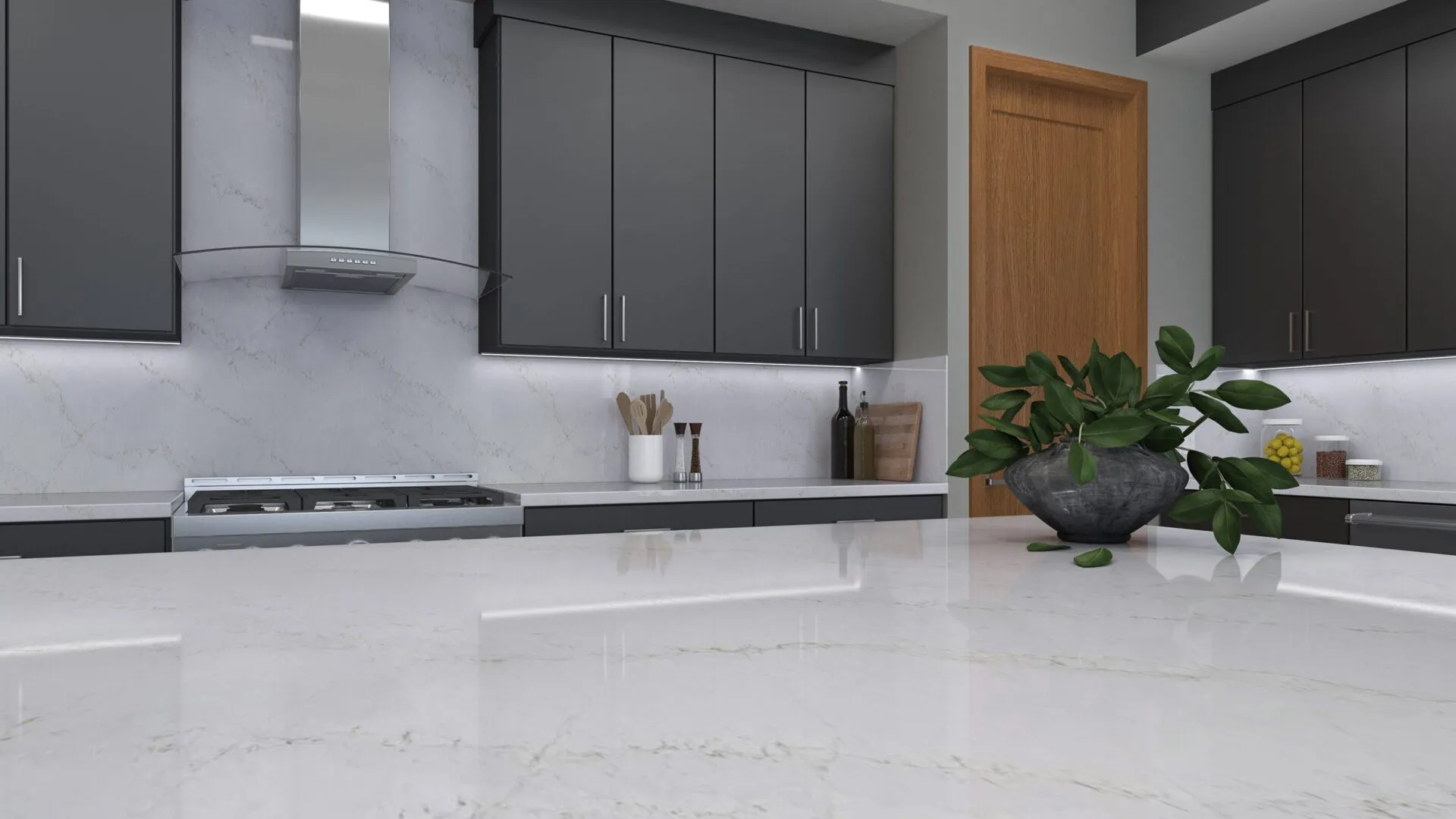Image of installed PentalQuartz Atmos Gold White Quartz countertops
