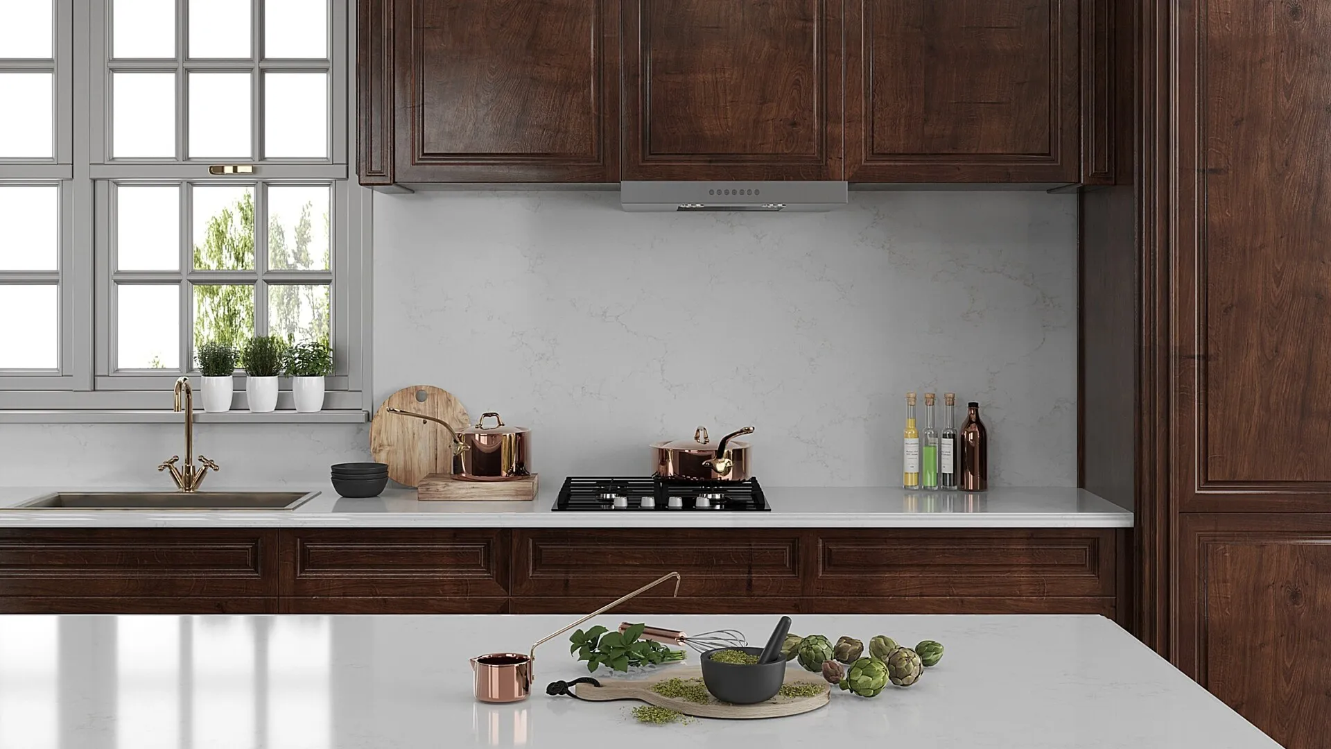 Image of installed PentalQuartz Aura Gold White Quartz countertops