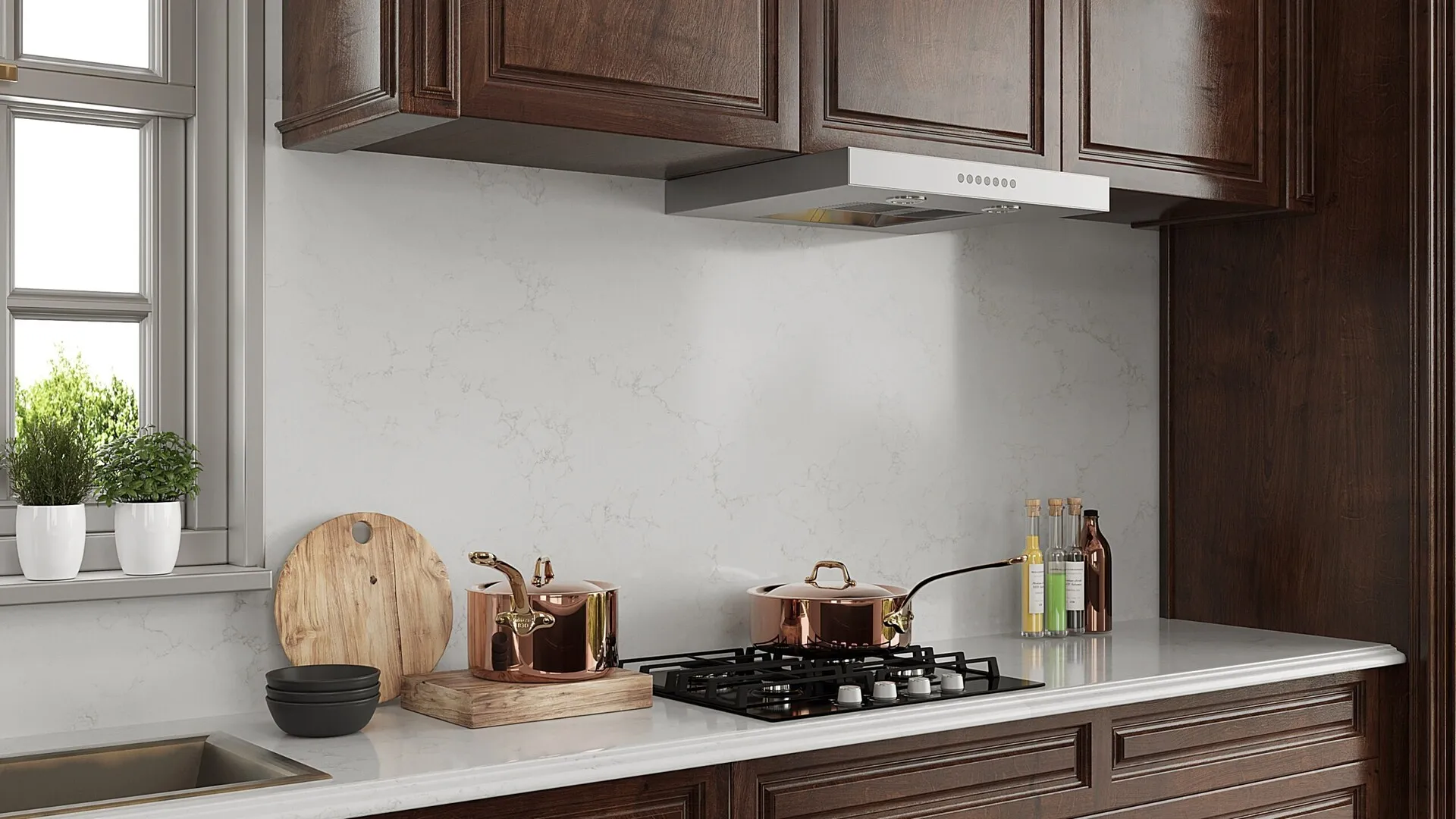 Image of installed PentalQuartz Aura Gold White Quartz countertops