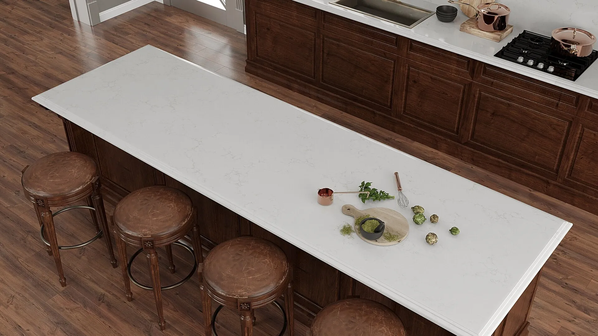 Image of installed PentalQuartz Aura Gold White Quartz countertops