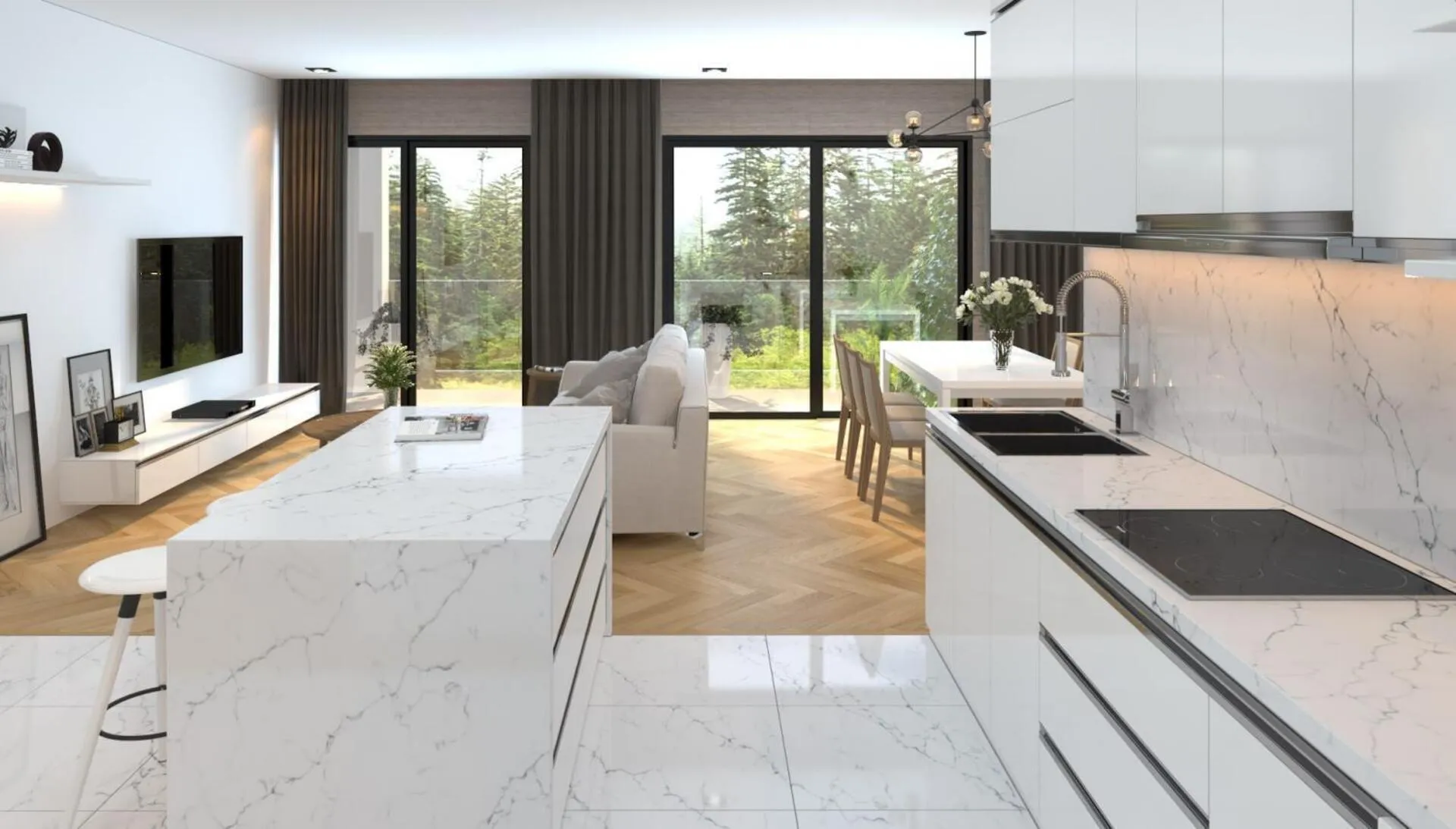 Image of installed PentalQuartz Avenza White Quartz countertops