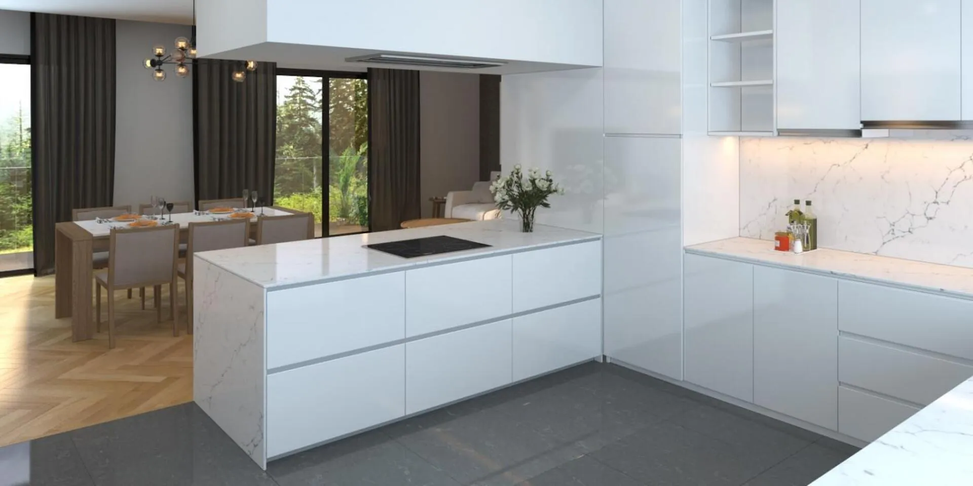 Image of installed PentalQuartz Avenza White Quartz countertops