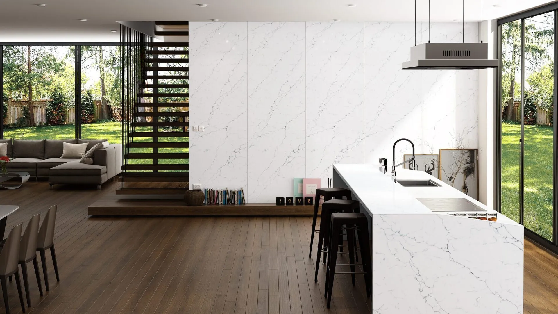 Image of installed PentalQuartz Avenza White Quartz countertops