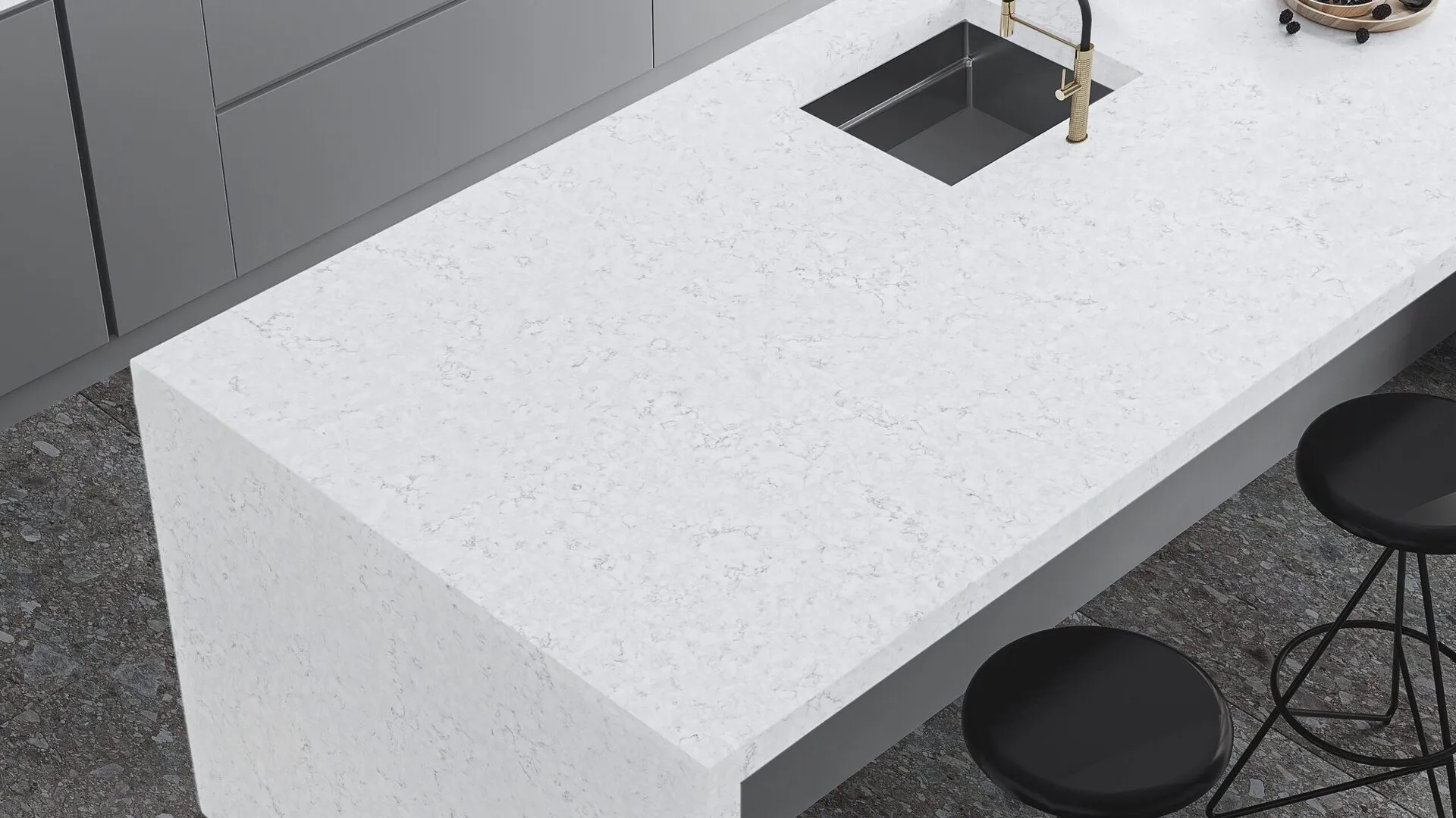 Image of installed PentalQuartz Birchwood White Quartz countertops