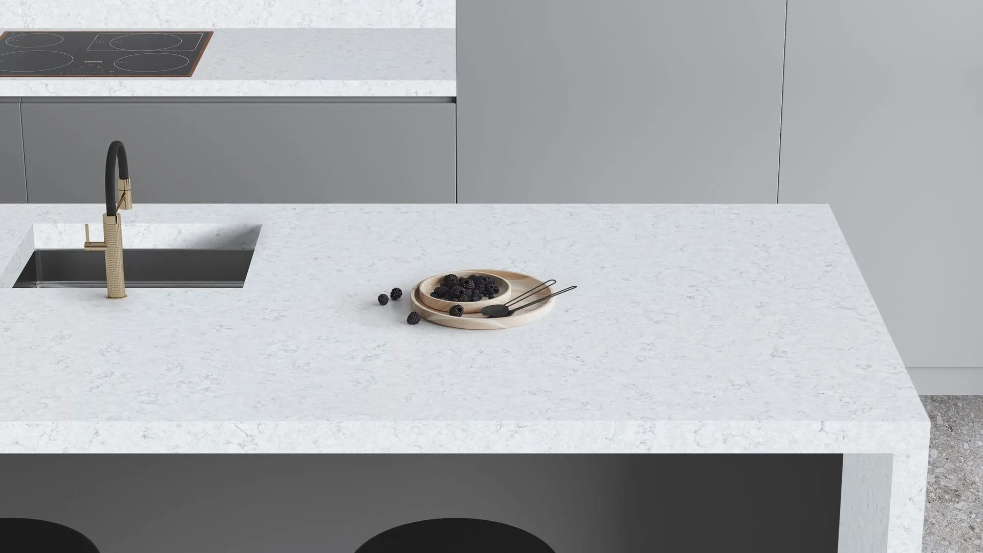 Image of installed PentalQuartz Birchwood White Quartz countertops