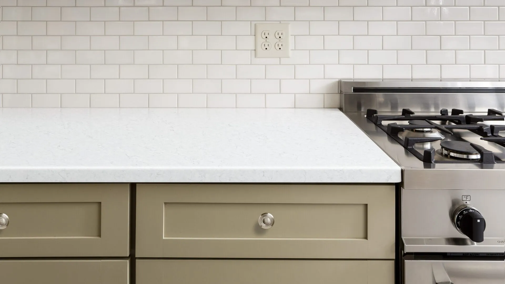 Image of installed PentalQuartz Birchwood White Quartz countertops