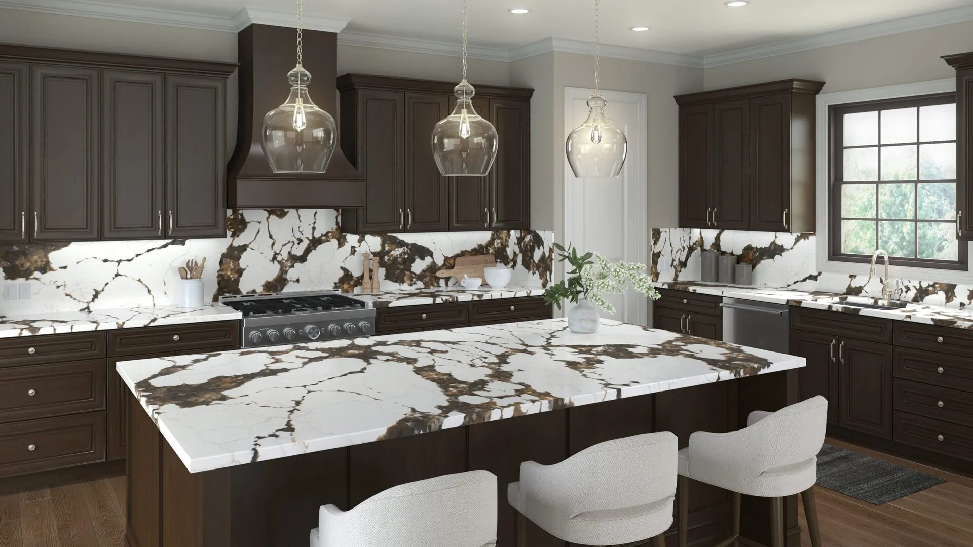 Image of installed PentalQuartz Chiara Cascade White Quartz countertops