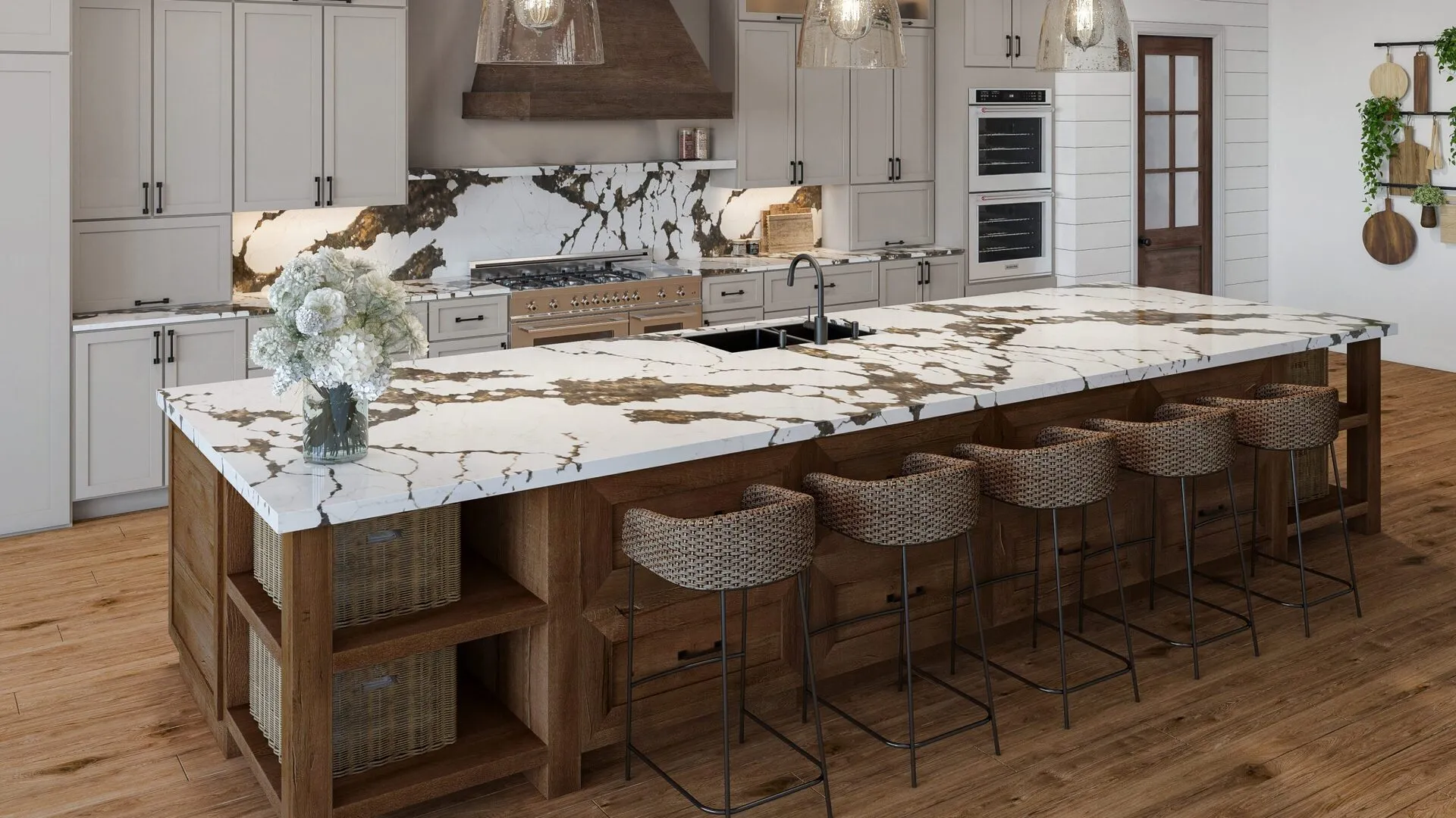 Image of installed PentalQuartz Chiara Cascade White Quartz countertops