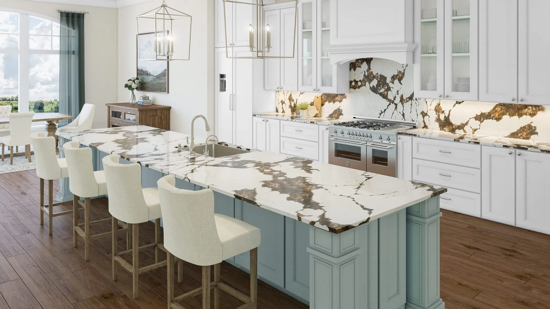 Image of installed PentalQuartz Chiara Cascade White Quartz countertops