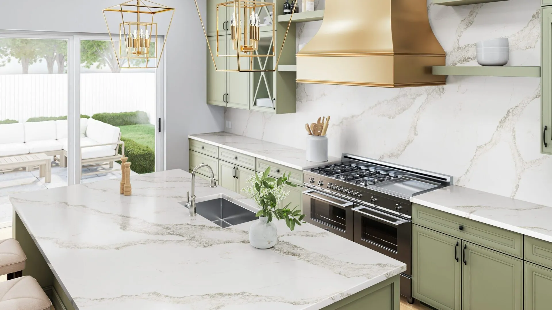 Image of installed PentalQuartz Coastal Dunes White Quartz countertops