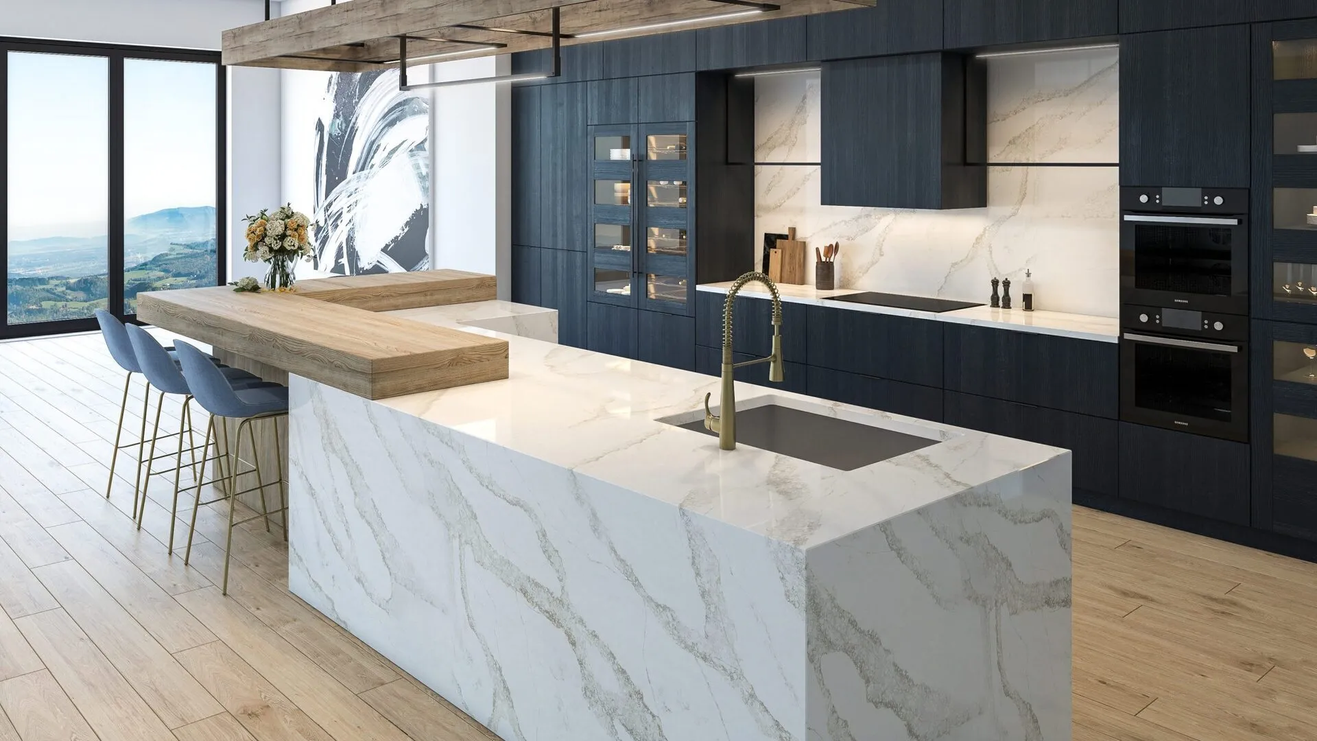 Image of installed PentalQuartz Coastal Dunes White Quartz countertops