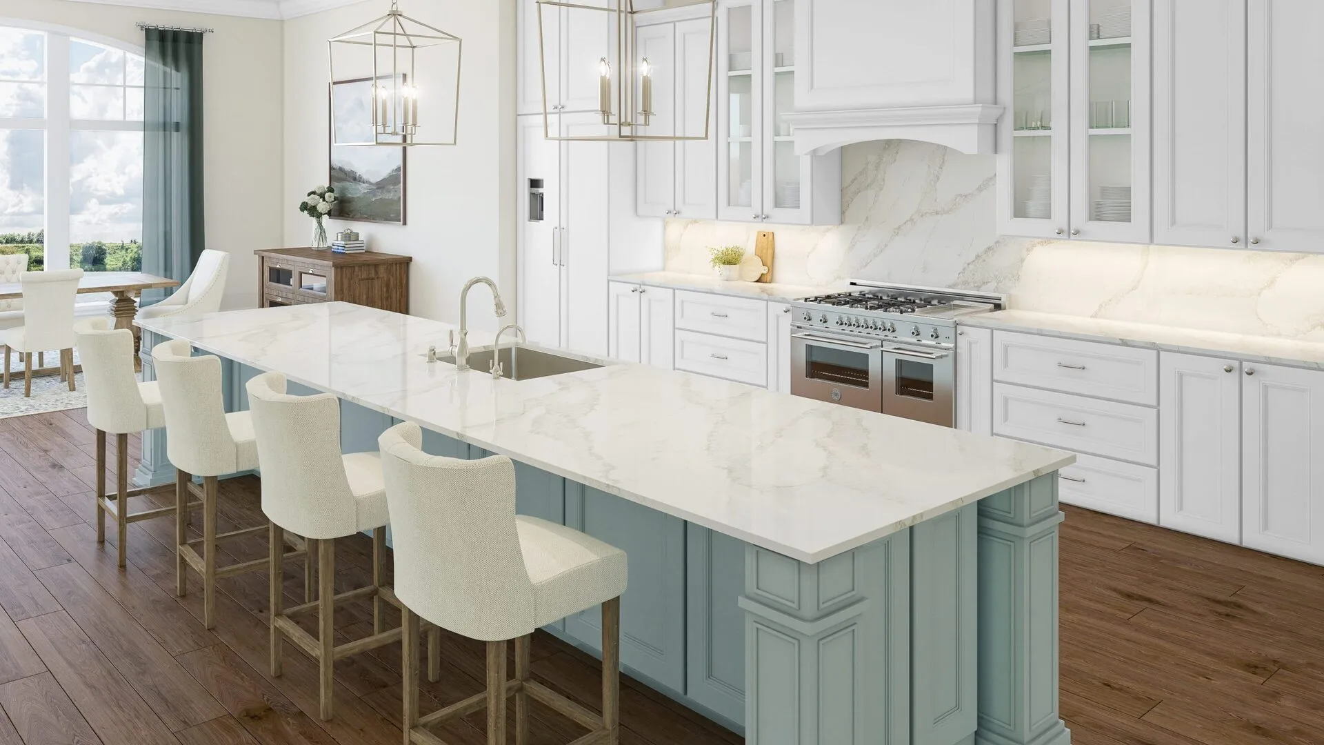 Image of installed PentalQuartz Coastal Dunes White Quartz countertops