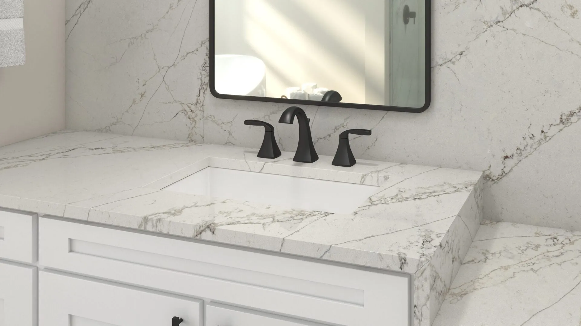 Image of installed PentalQuartz Crema Claret Cream Quartz countertops