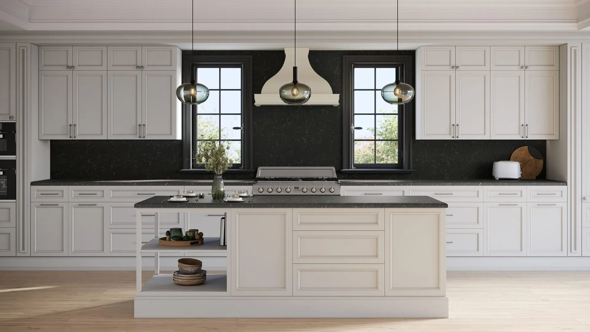 Image of installed PentalQuartz Eclipse Black Quartz countertops