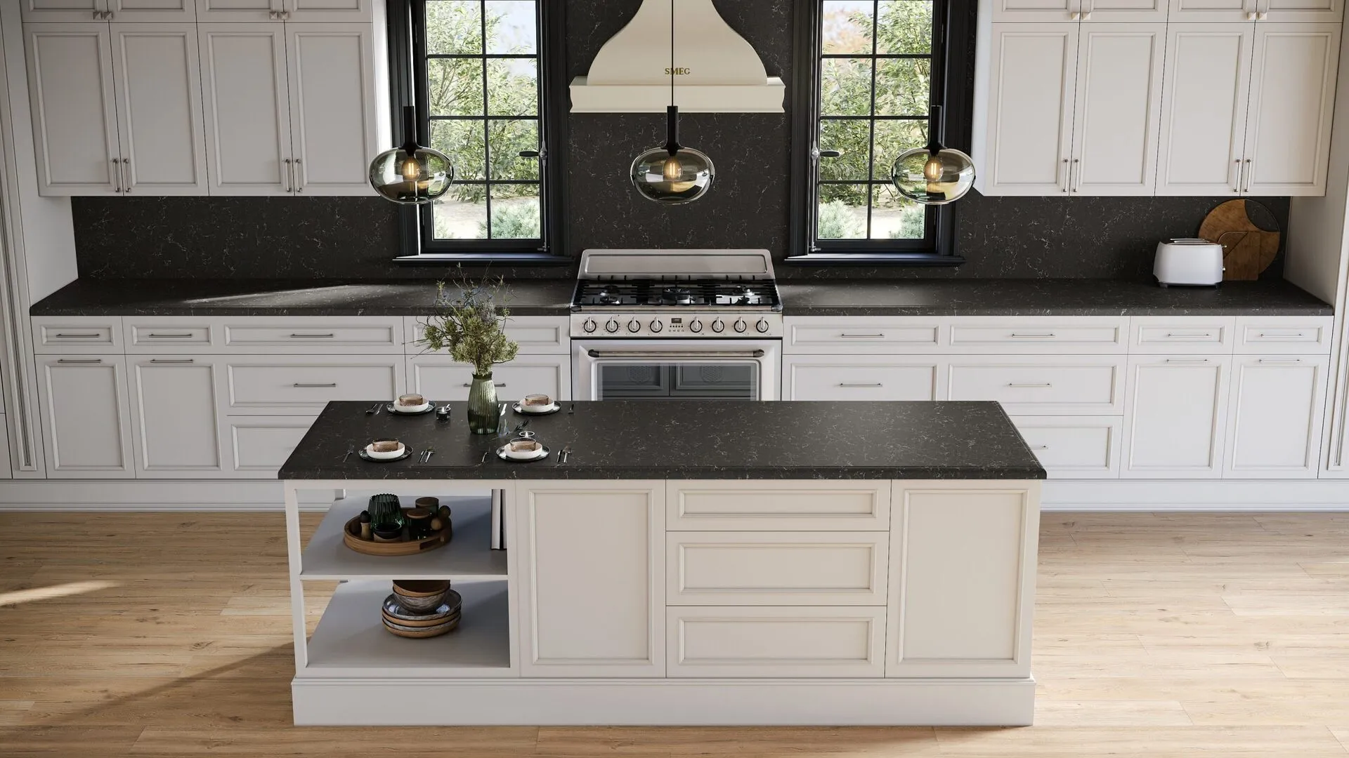 Image of installed PentalQuartz Eclipse Black Quartz countertops