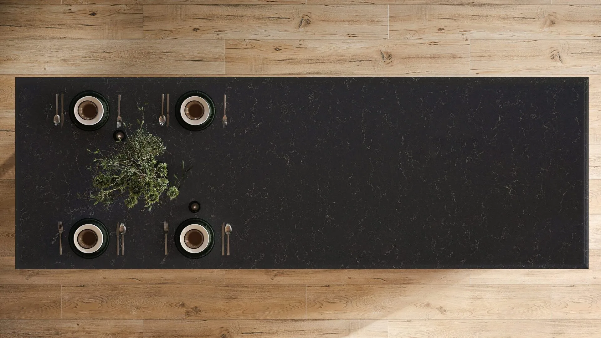Image of installed PentalQuartz Eclipse Black Quartz countertops