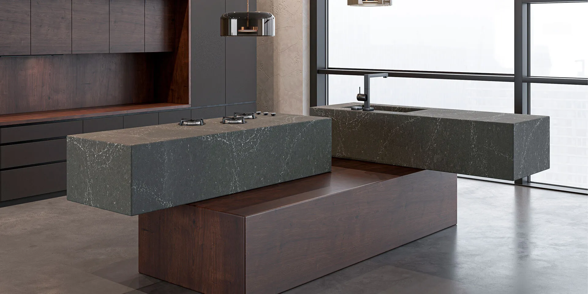Image of installed PentalQuartz Fortress Black Quartz countertops