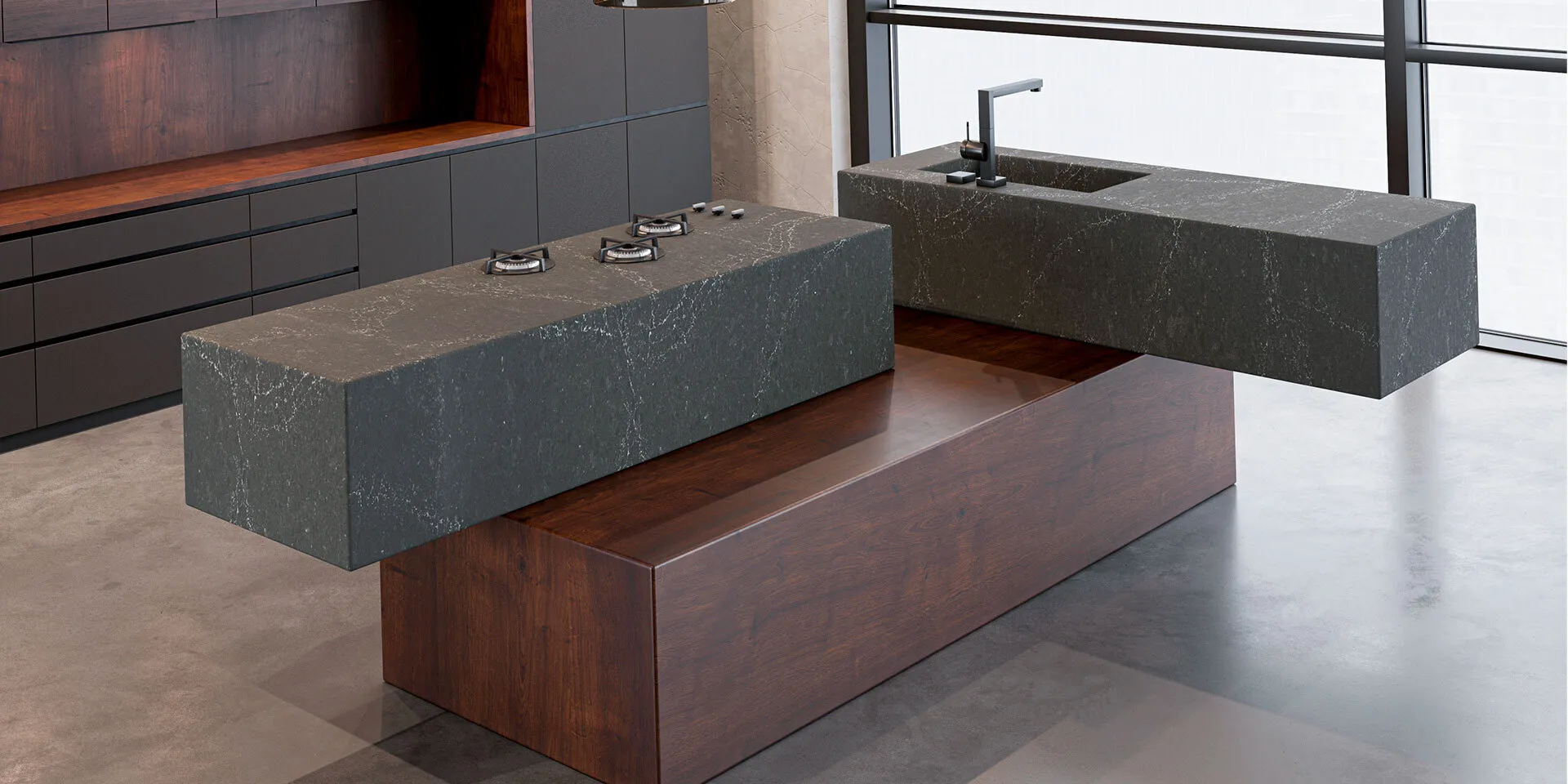 Image of installed PentalQuartz Fortress Black Quartz countertops