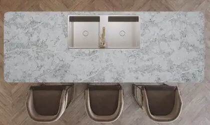 Image of installed PentalQuartz Ijen Grey Quartz countertops