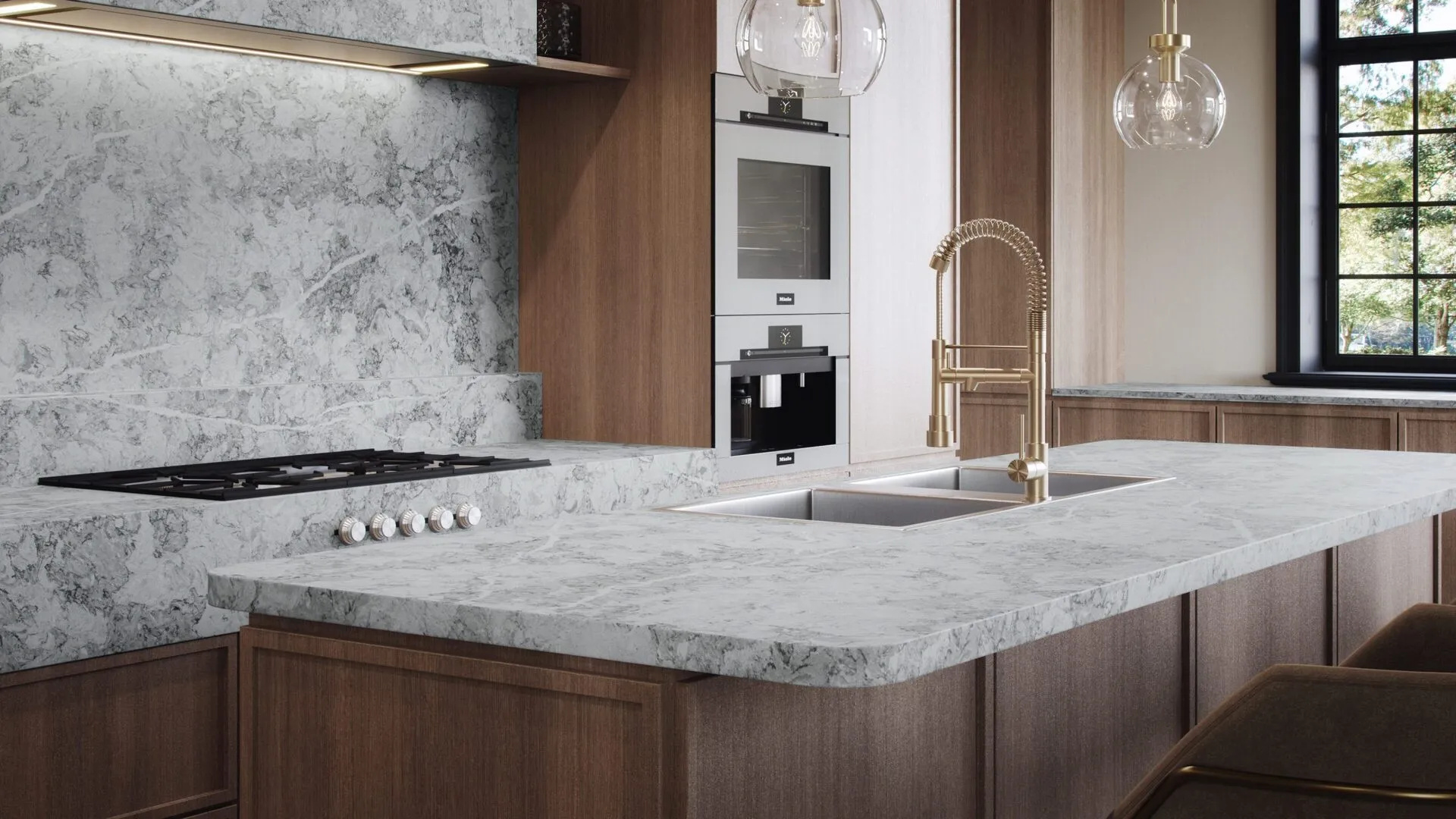 Image of installed PentalQuartz Ijen Grey Quartz countertops