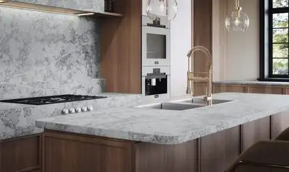 Image of installed PentalQuartz Ijen Grey Quartz countertops