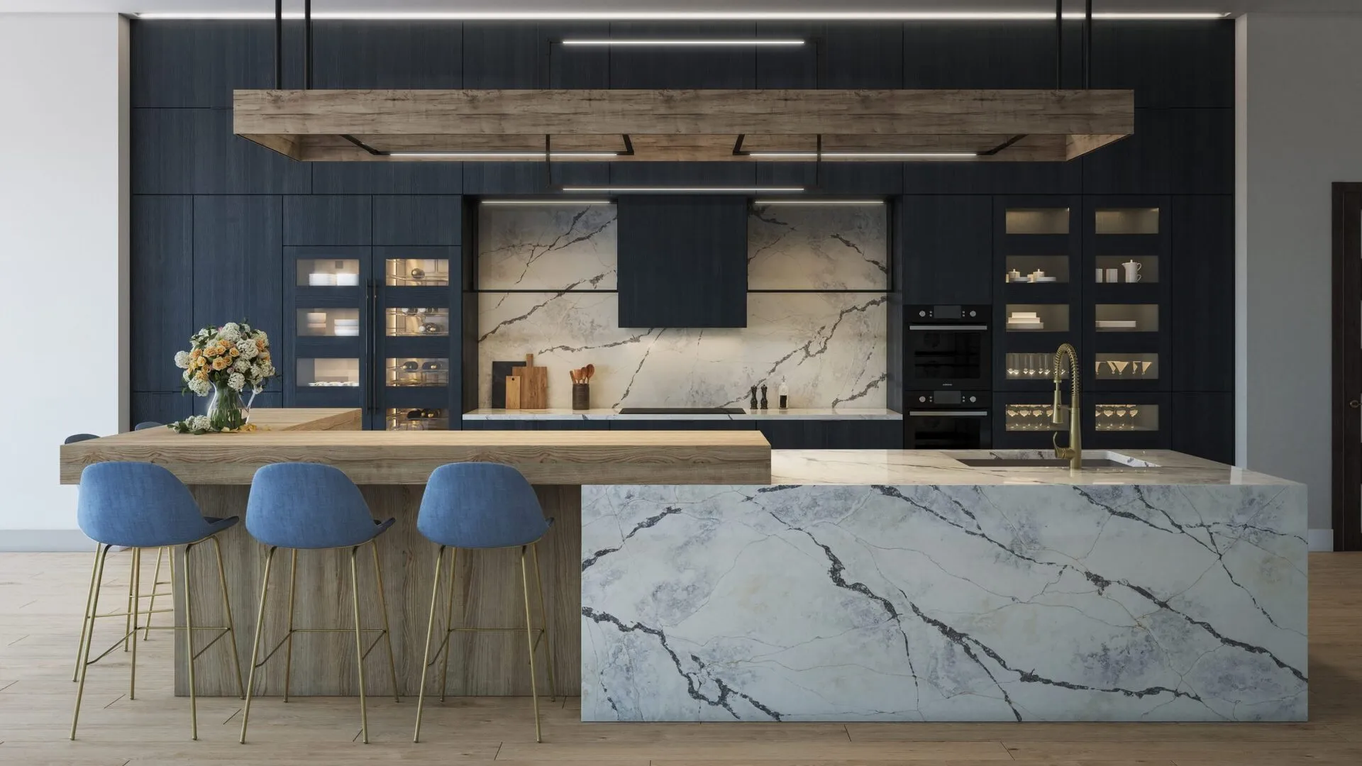 Image of installed PentalQuartz Ijen Azul Grey Quartz countertops