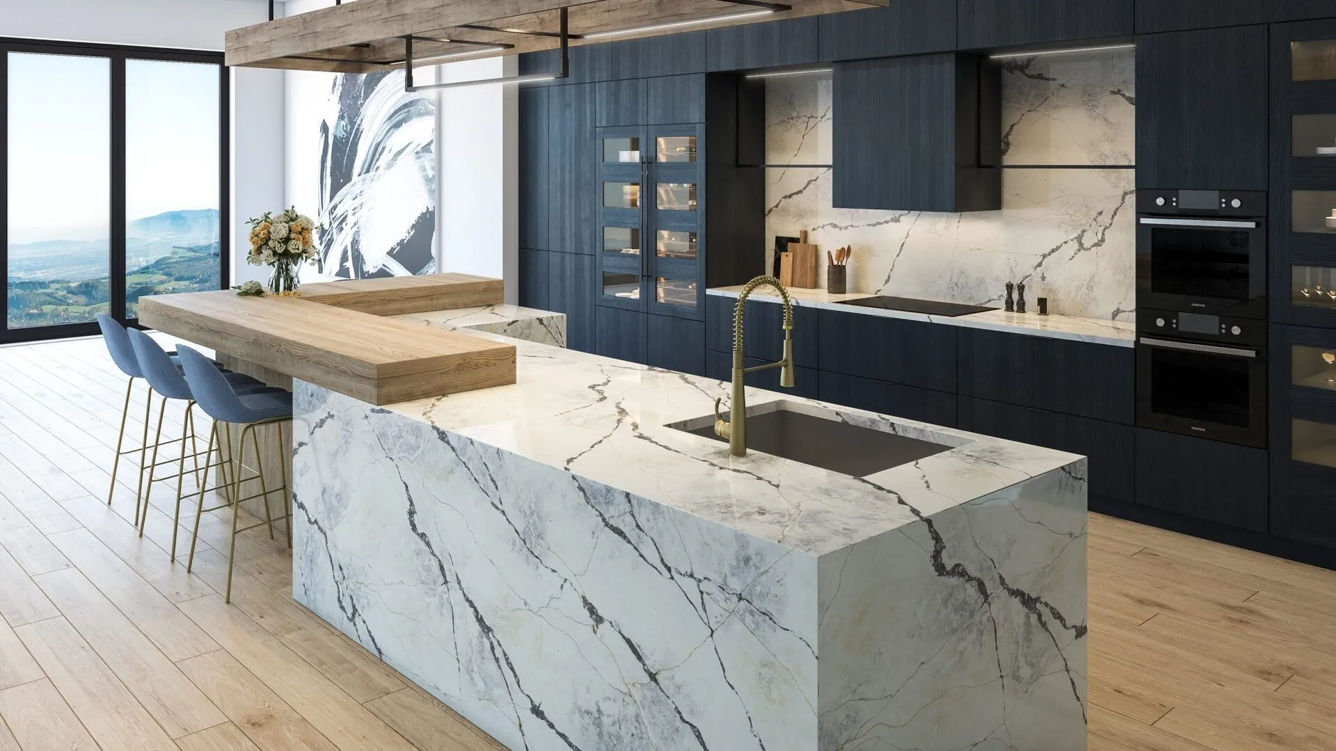 Image of installed PentalQuartz Ijen Azul Grey Quartz countertops