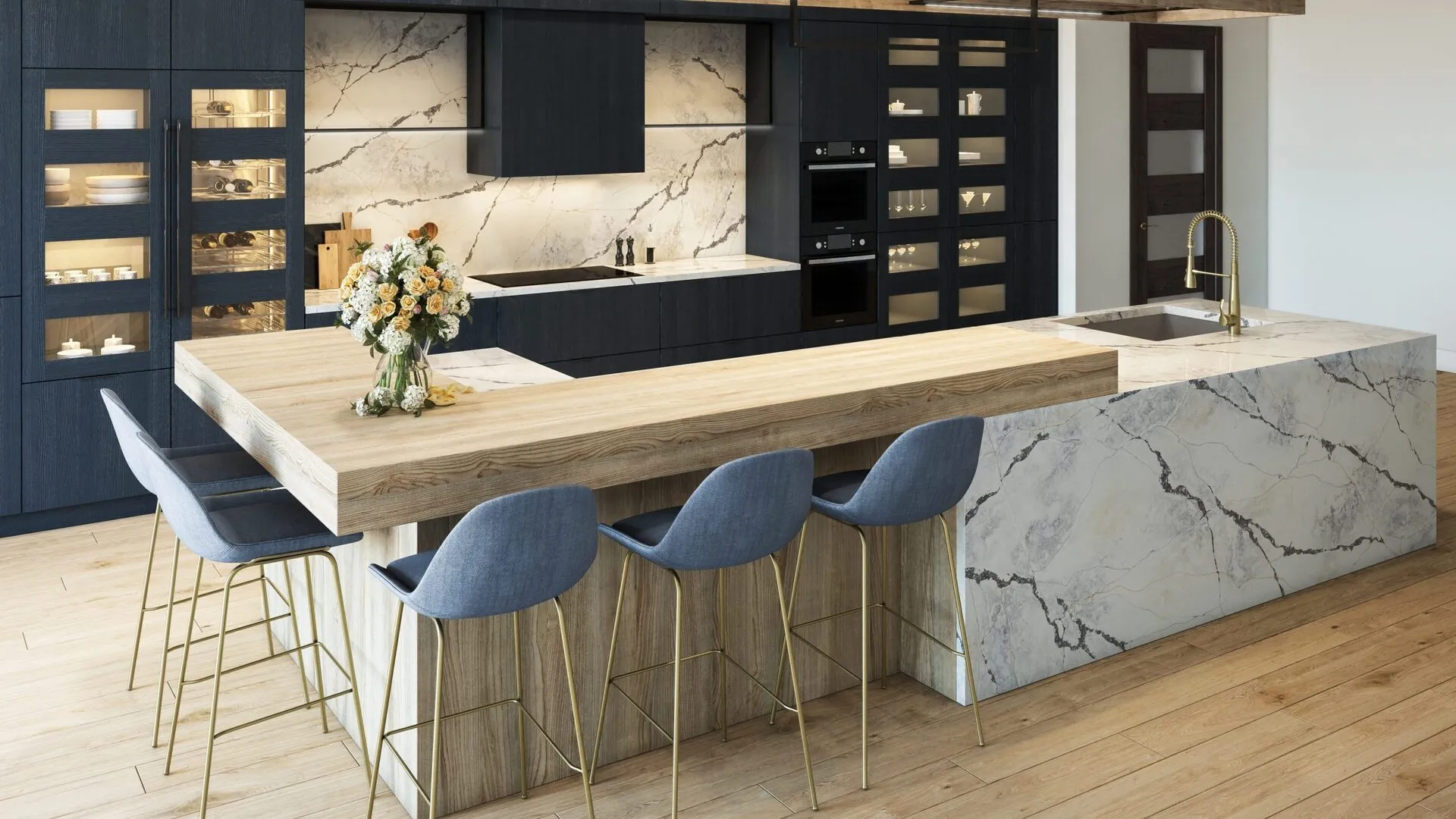 Image of installed PentalQuartz Ijen Azul Grey Quartz countertops