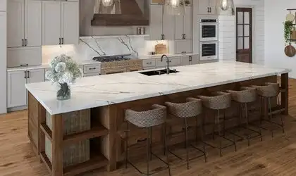 Image of installed PentalQuartz Ijen Beige Cream Quartz countertops