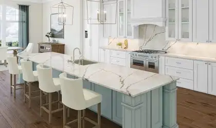 Image of installed PentalQuartz Ijen Beige Cream Quartz countertops