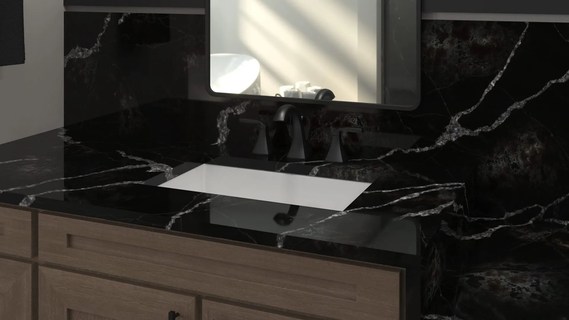 Image of installed PentalQuartz Ijen Noir Black Quartz countertops