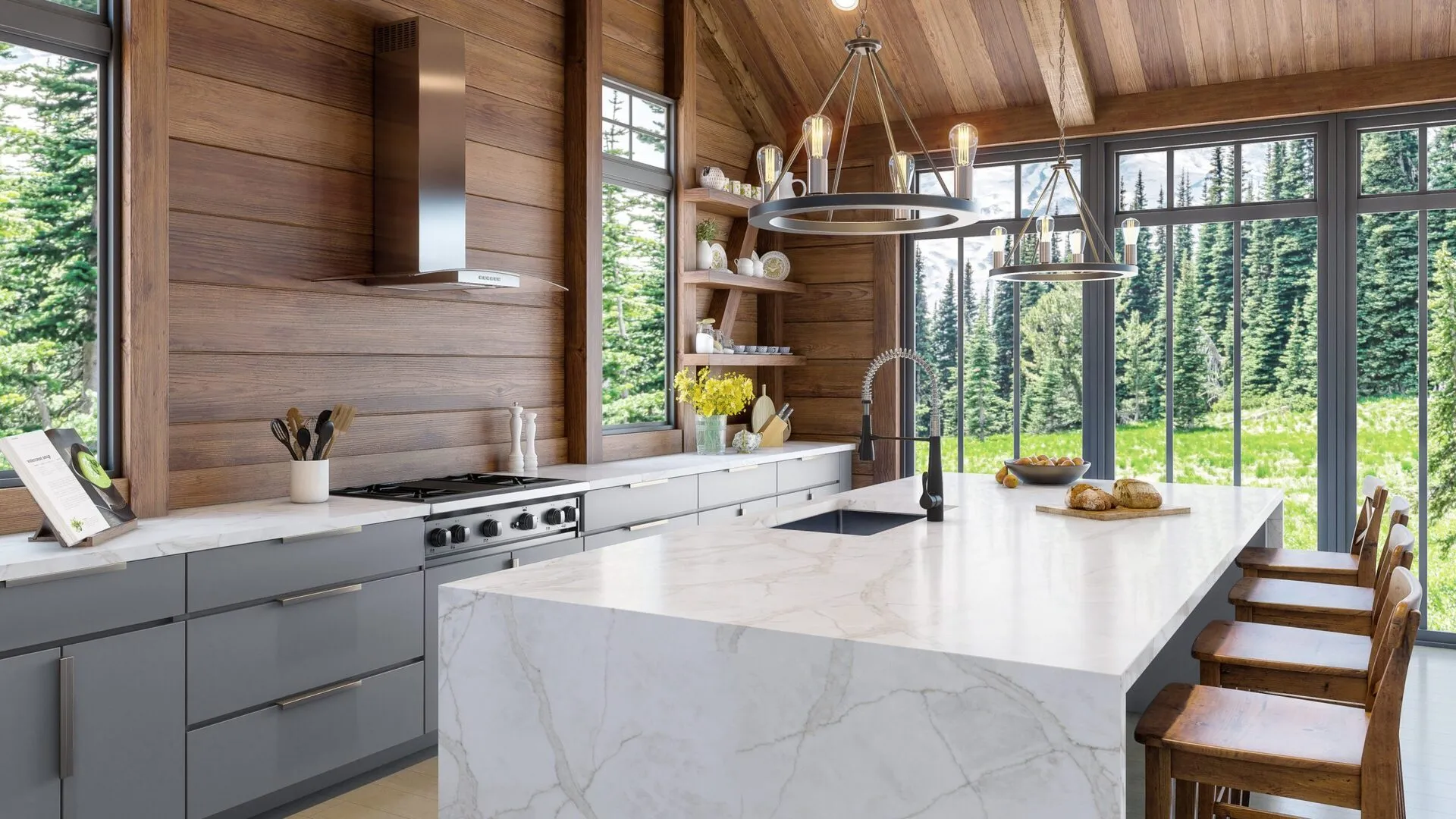 Image of installed PentalQuartz Lumen Sky White Quartz countertops