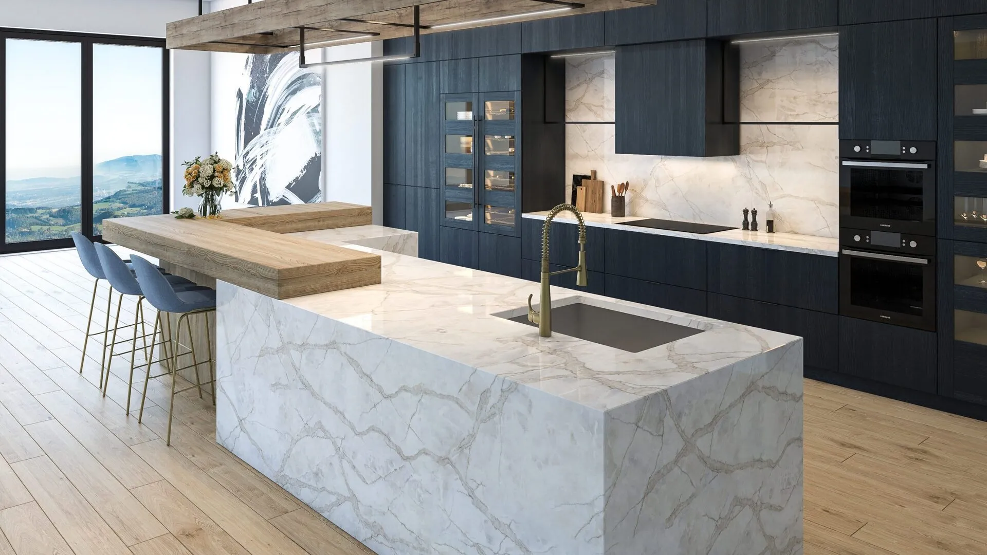 Image of installed PentalQuartz Lumen Sky White Quartz countertops