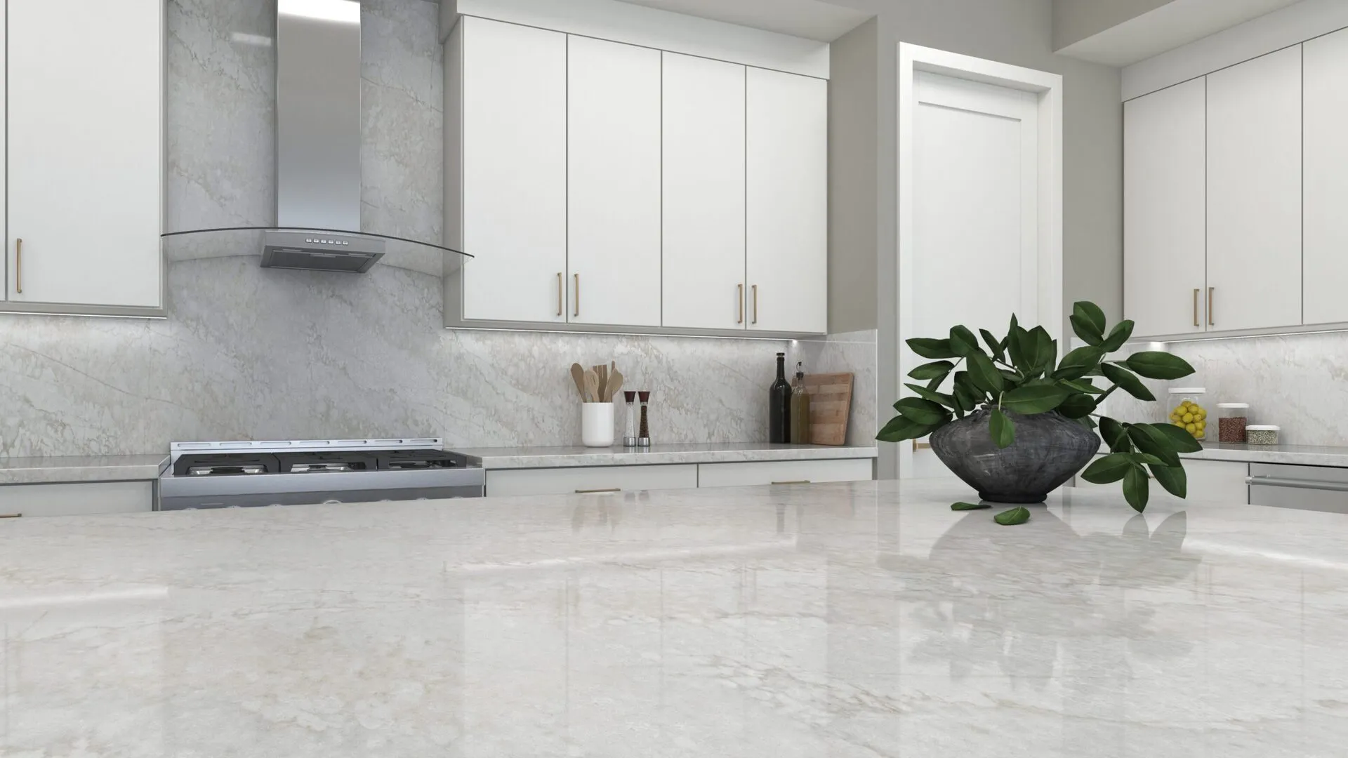 Image of installed PentalQuartz Lunaria Cream Quartz countertops