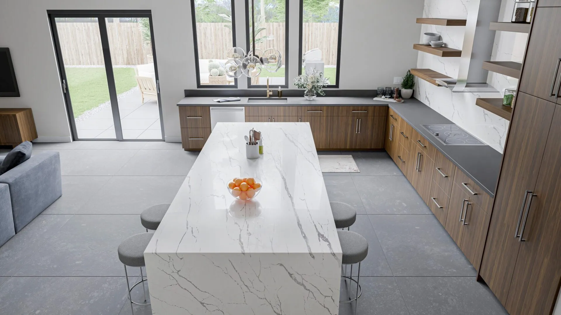 Image of installed PentalQuartz Lux Aurum White Quartz countertops