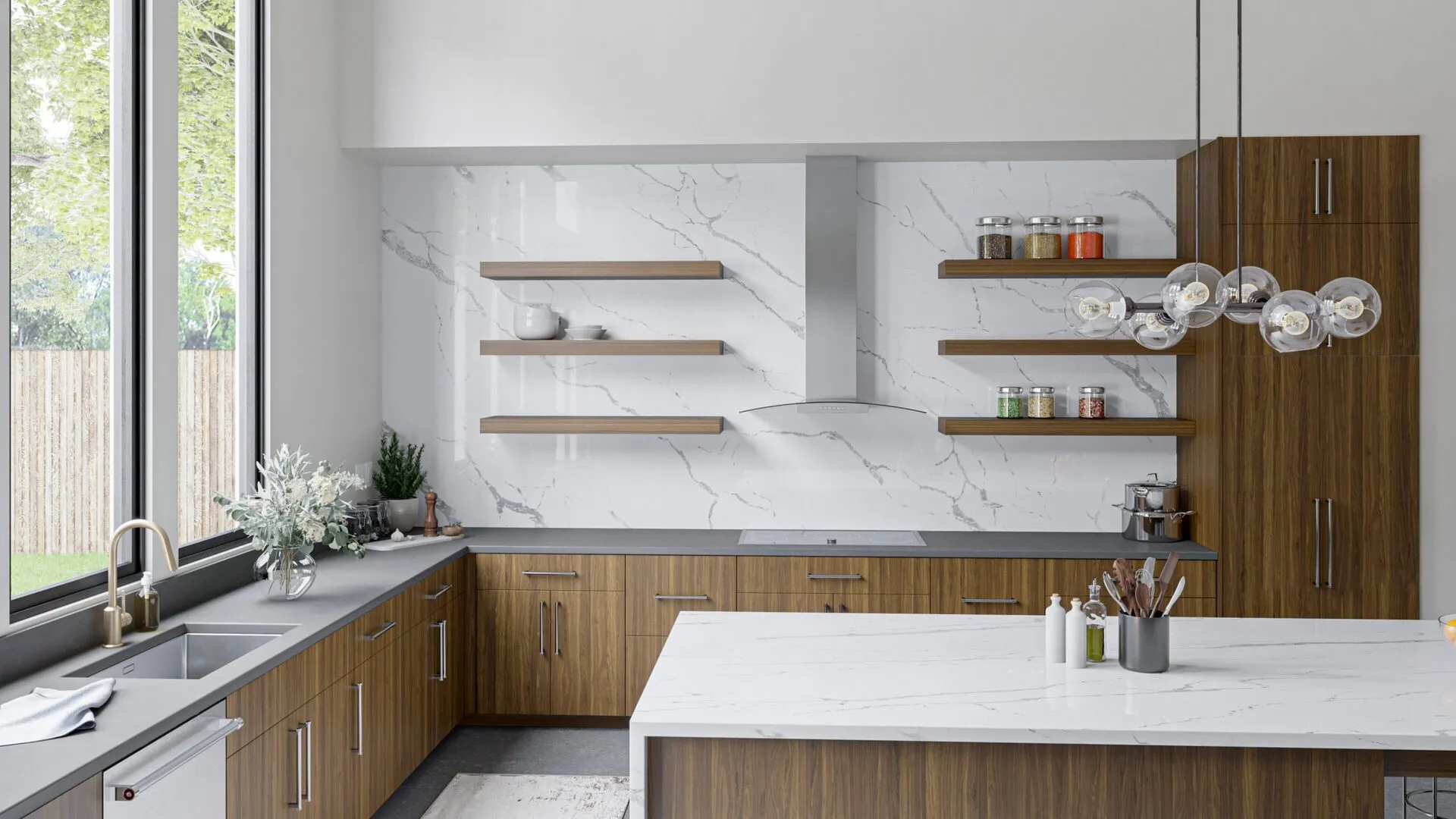 Image of installed PentalQuartz Lux Aurum White Quartz countertops