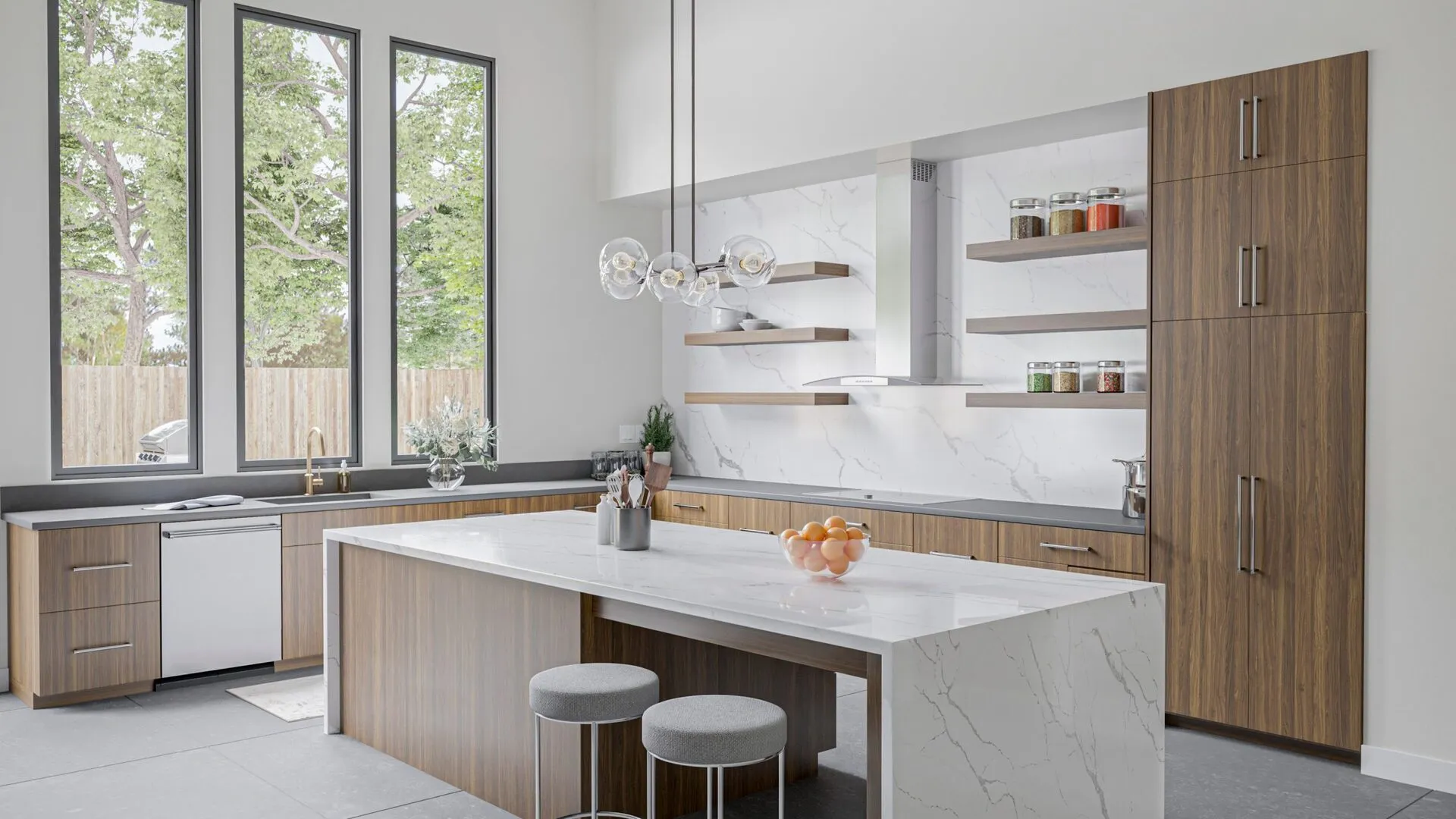 Image of installed PentalQuartz Lux Aurum White Quartz countertops