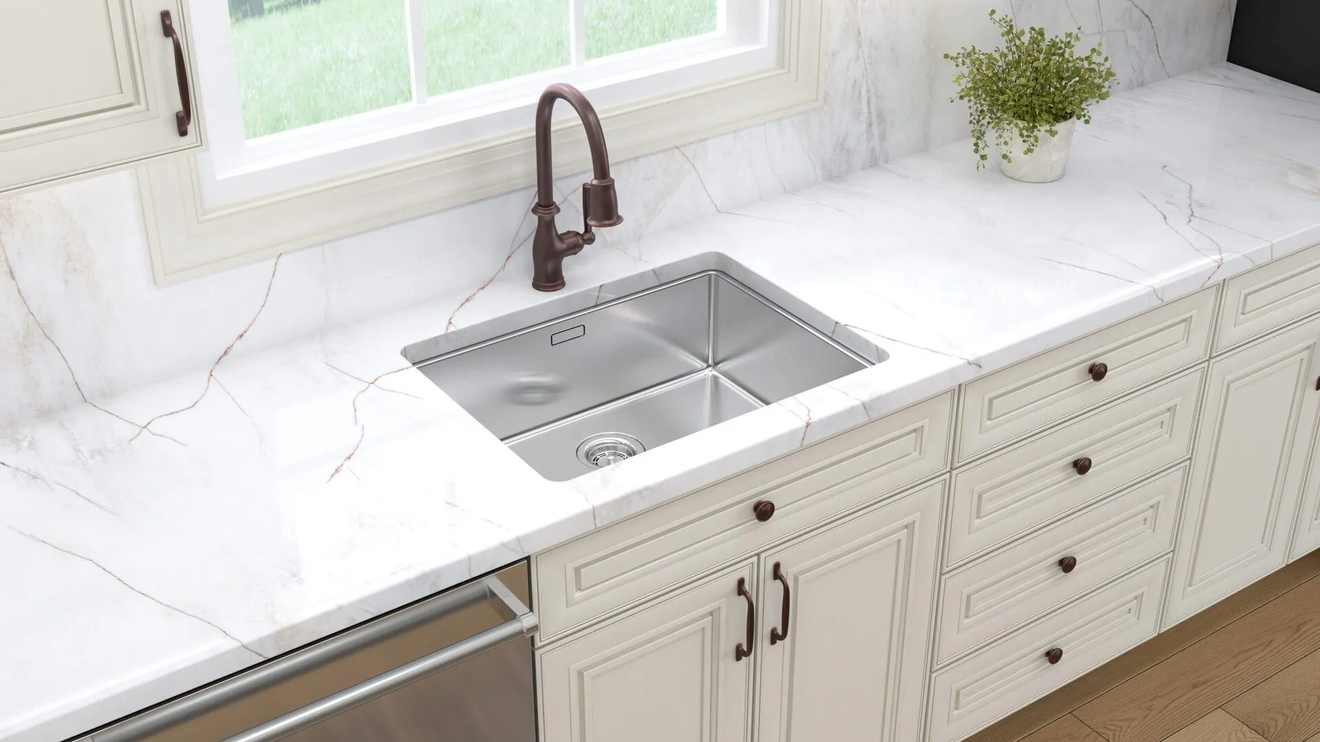 Image of installed PentalQuartz Magnolia Pearl White Quartz countertops