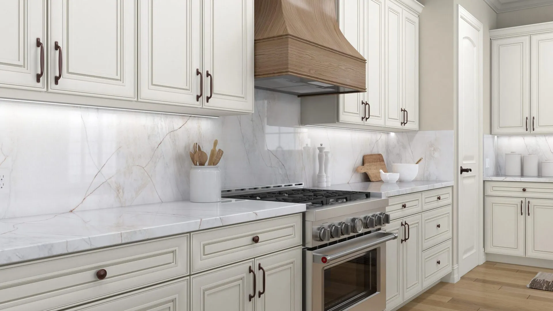 Image of installed PentalQuartz Magnolia Pearl White Quartz countertops