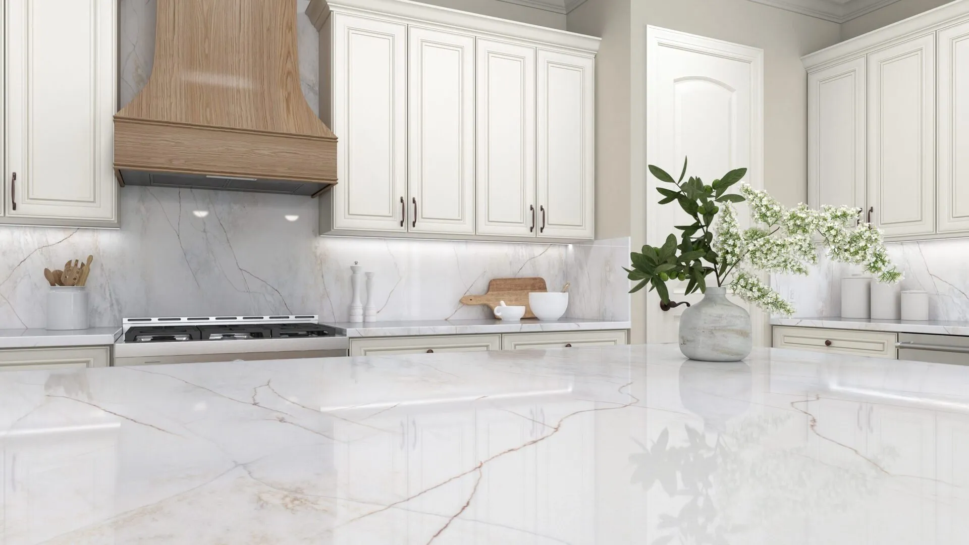 Image of installed PentalQuartz Magnolia Pearl White Quartz countertops