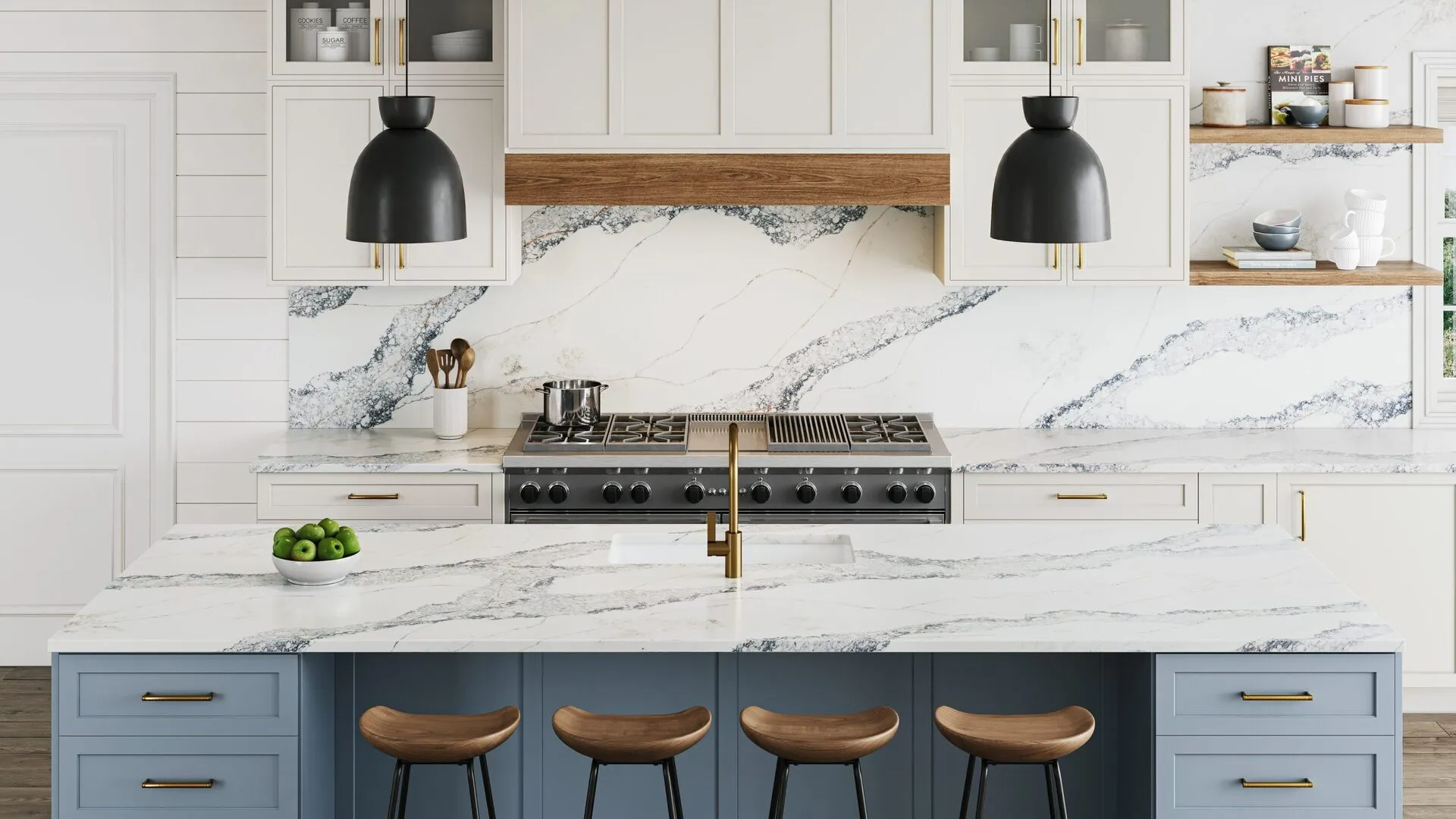 Image of installed PentalQuartz Malana White Quartz countertops