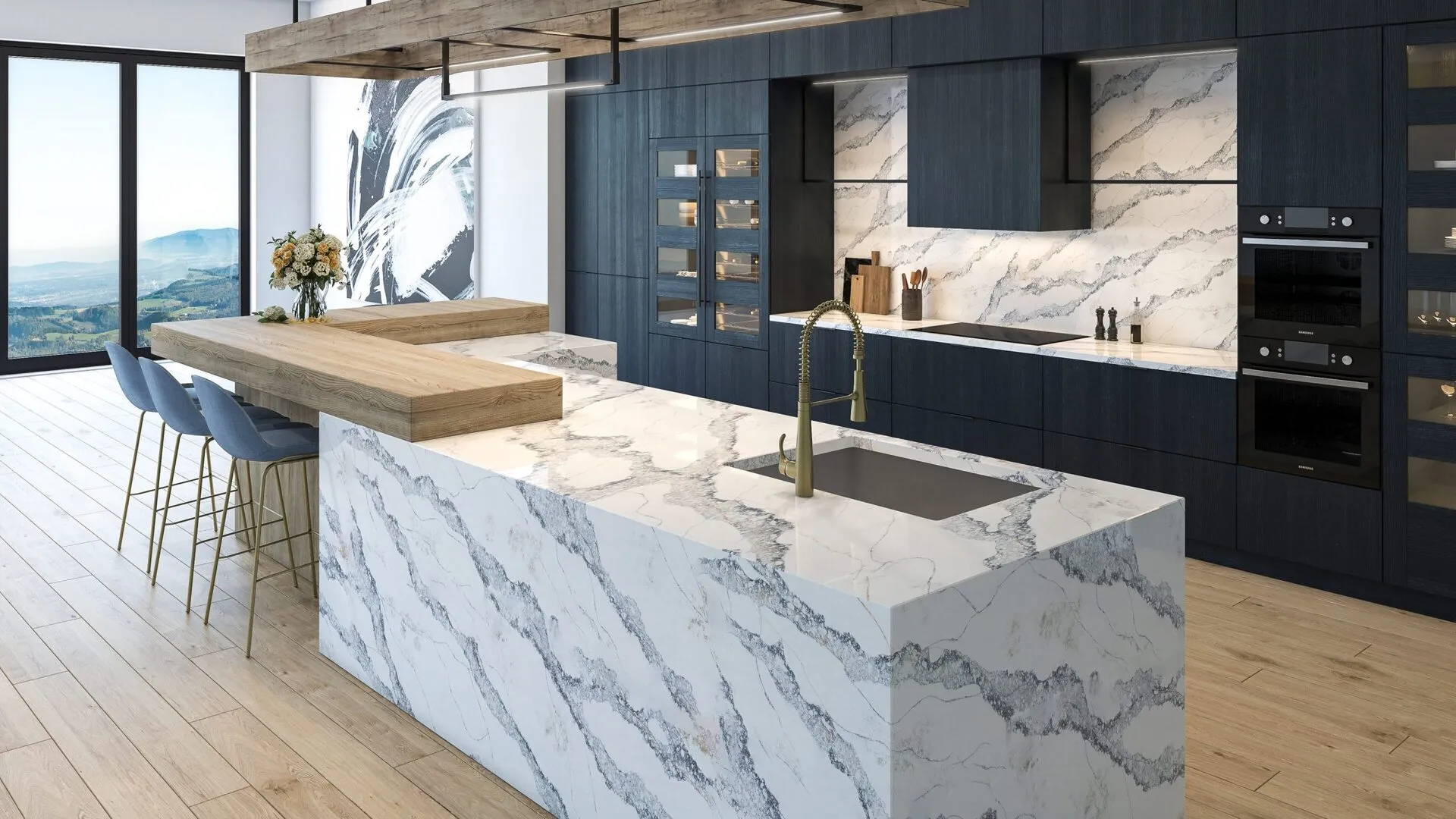 Image of installed PentalQuartz Malana White Quartz countertops