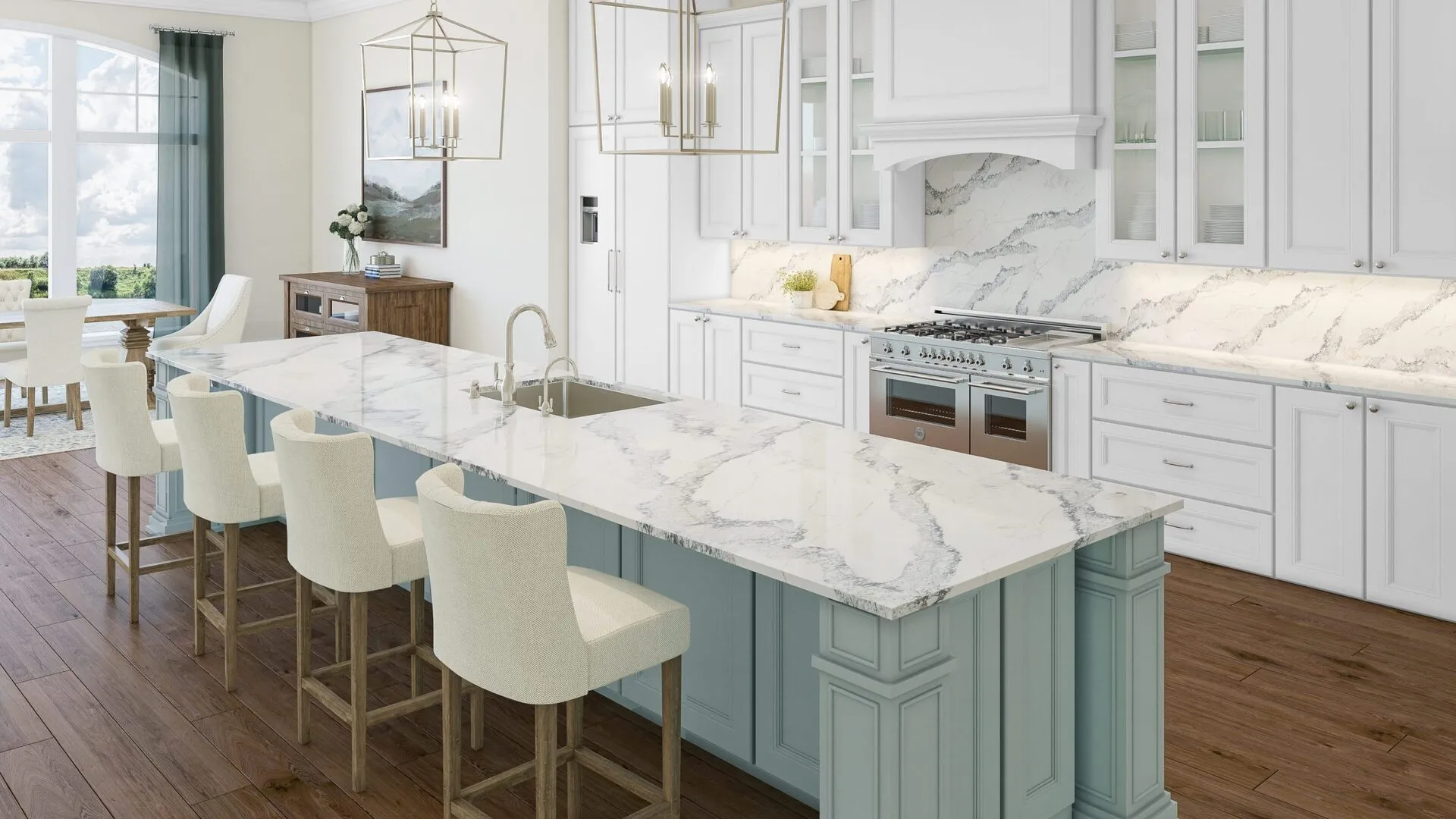 Image of installed PentalQuartz Malana White Quartz countertops