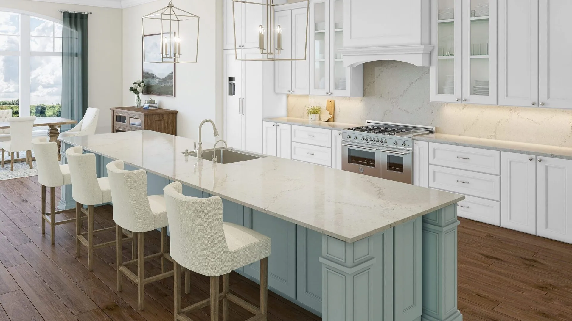 Image of installed PentalQuartz Marestar Cream Quartz countertops