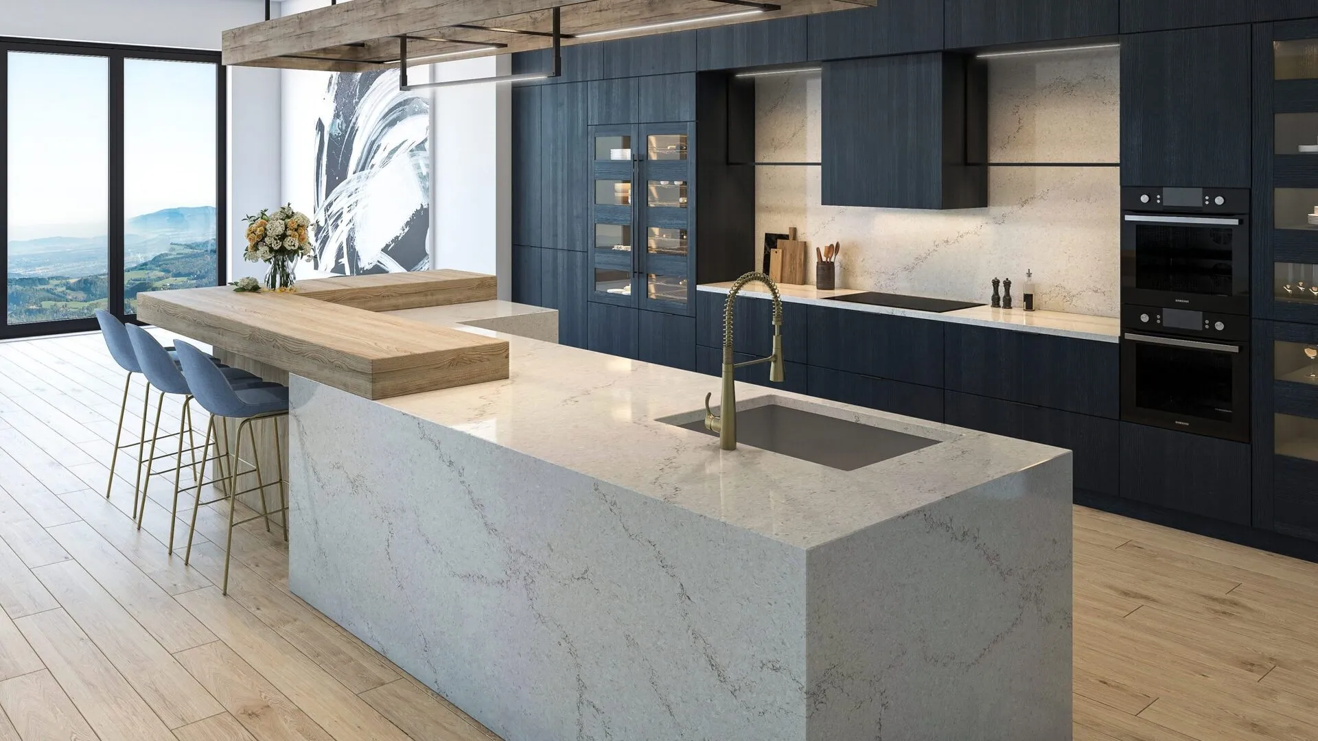 Image of installed PentalQuartz Marestar Cream Quartz countertops