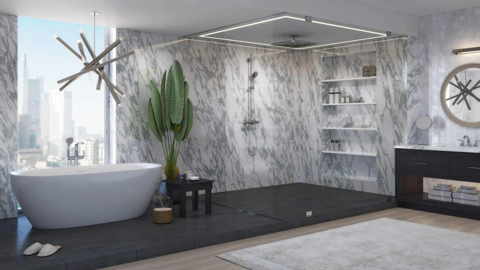 Image of installed PentalQuartz Marmo Corchia White Quartz countertops