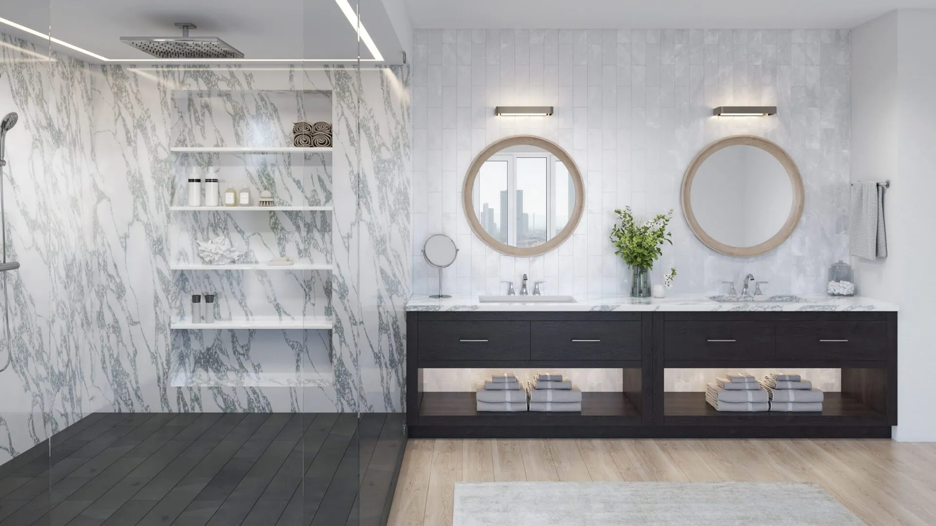 Image of installed PentalQuartz Marmo Corchia White Quartz countertops