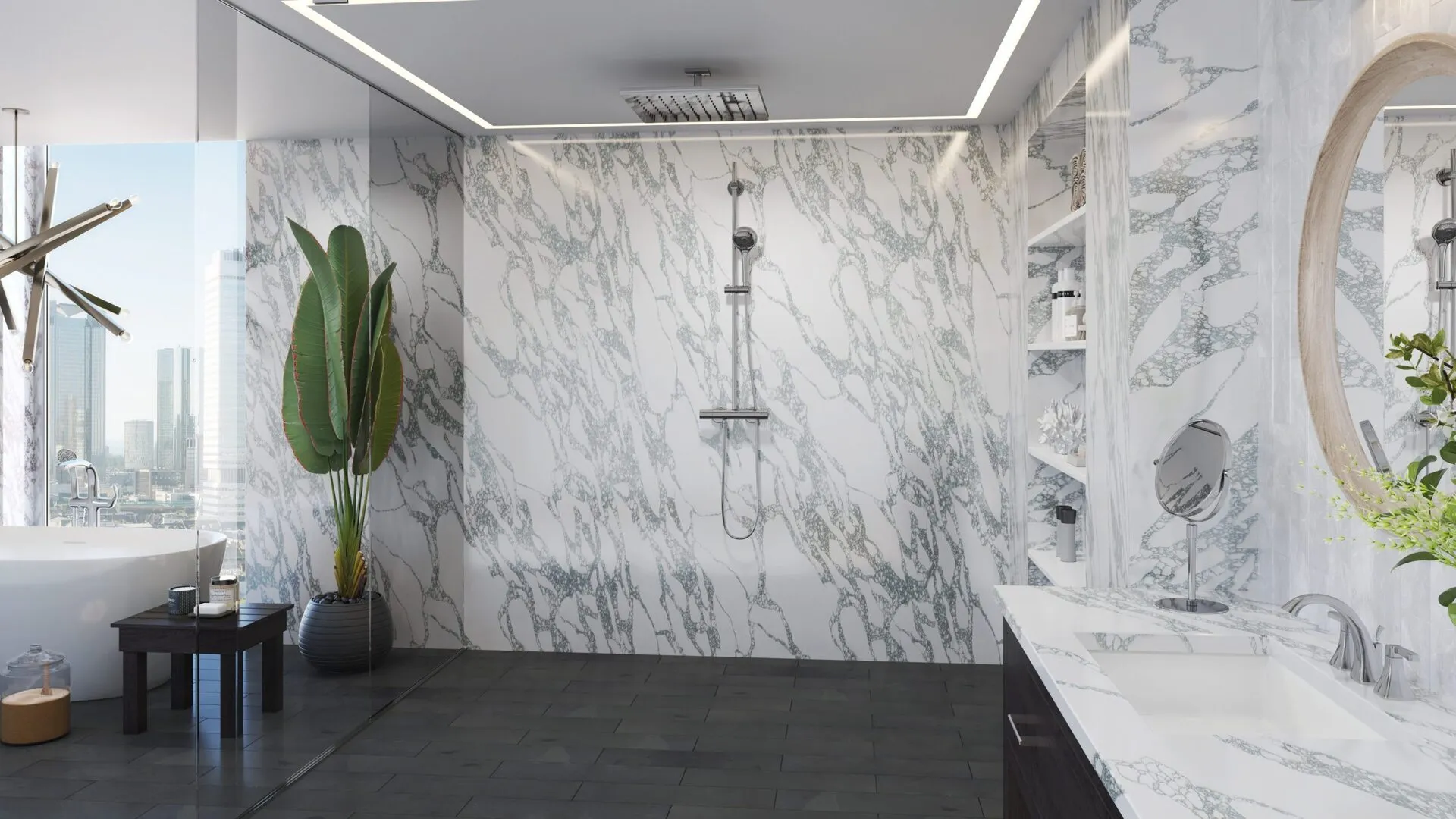 Image of installed PentalQuartz Marmo Corchia White Quartz countertops
