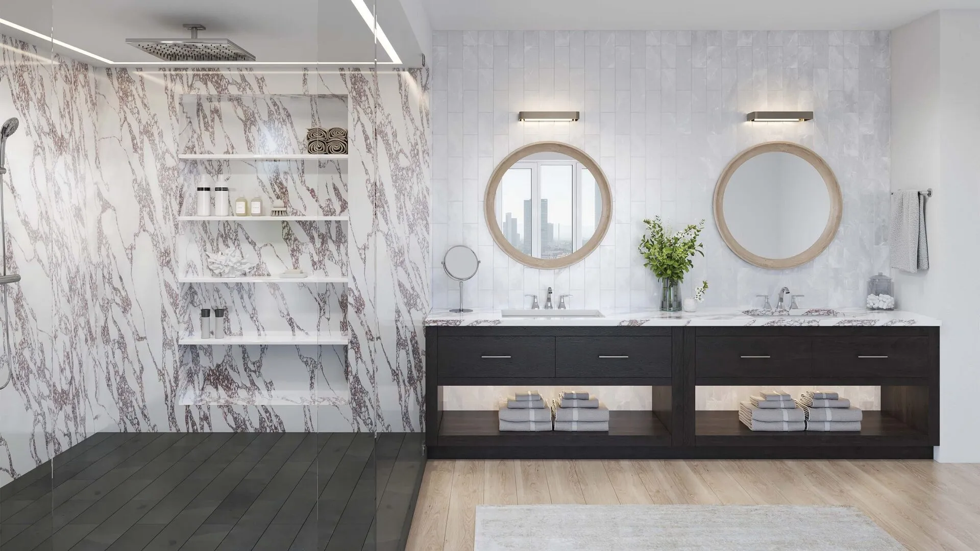Image of installed PentalQuartz Marmo Viola White Quartz countertops