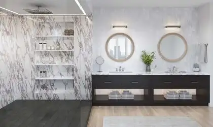 Image of installed PentalQuartz Marmo Viola White Quartz countertops
